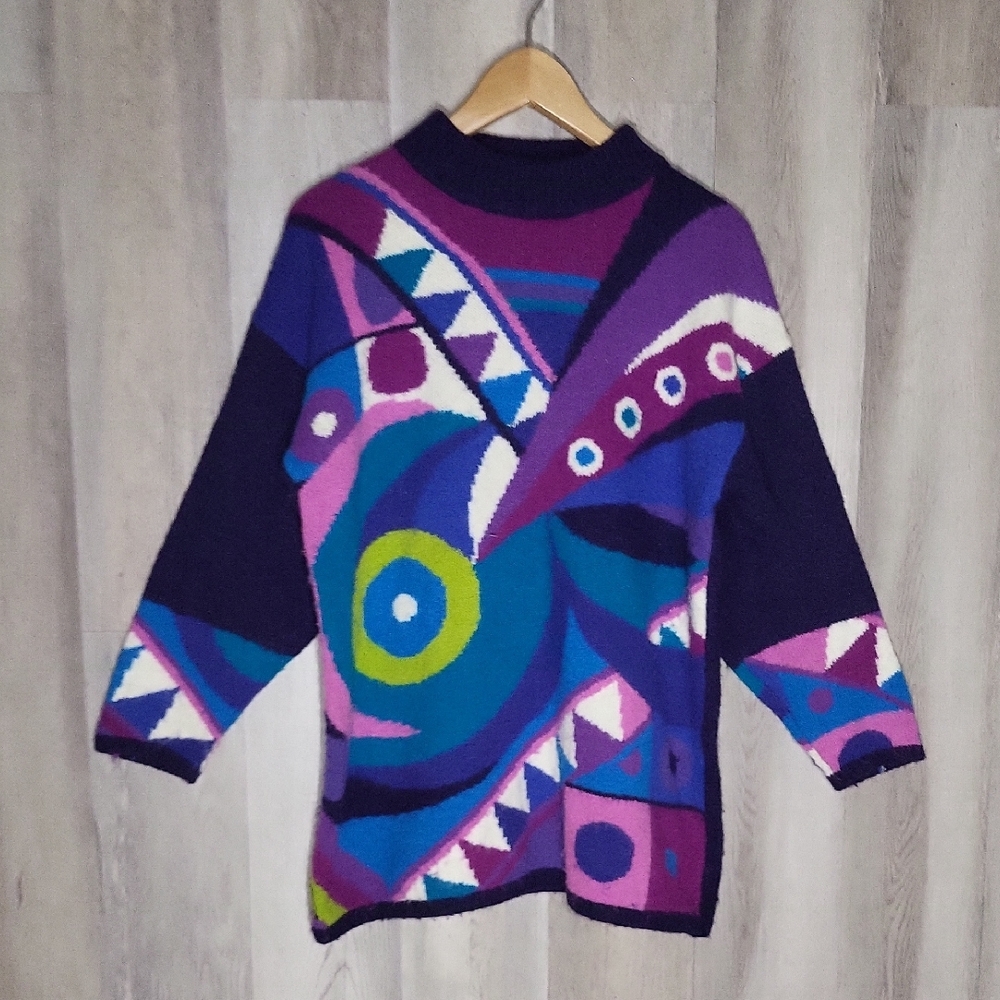 Vintage Kitty Hawk Vivian Wang Wool Blend Sweater Abstract Artsy Oversized 80s M